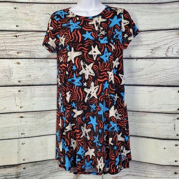 LuLaRoe Women's Carly Dress Size 12 Black Starfish Print High-Low Hem Stretch Kn - Picture 1 of 8